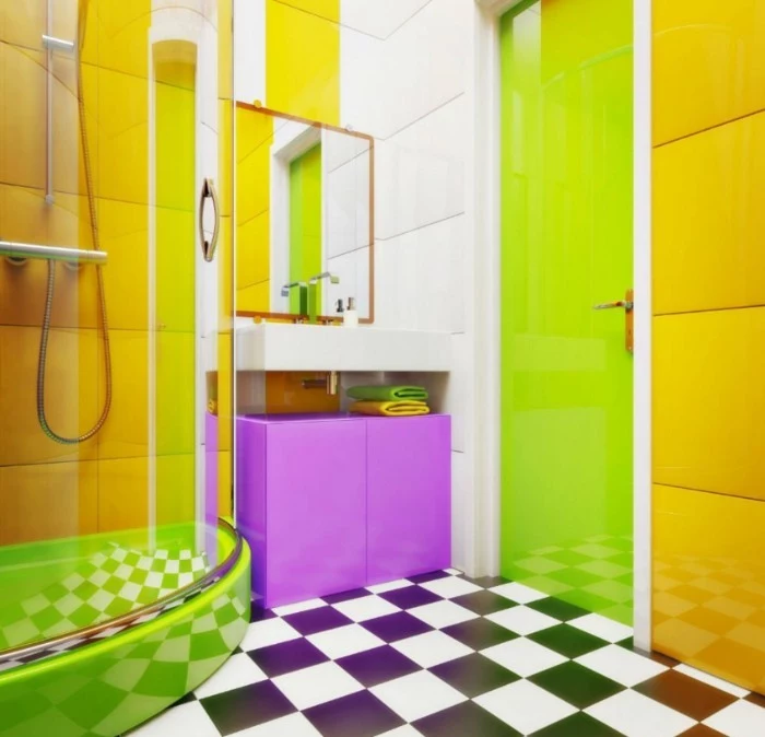 yellow and white paneled wall, in a bathroom with a tiled, black and white floor, best bathroom paint colors, lime green door, a shower cabin, and a purple cupboard