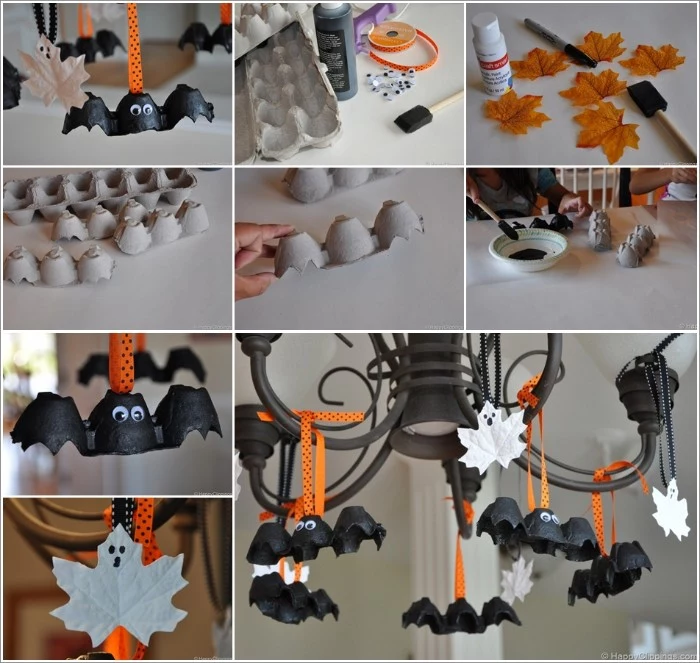 fall leaves covered in white paint, halloween party decoration ideas, bats made from egg cartons, hanging from a black chandelier