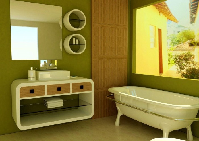 square large window, in a bathroom with olive green walls, containing a modern white cupboard, with oval edges, and a bathtub 
