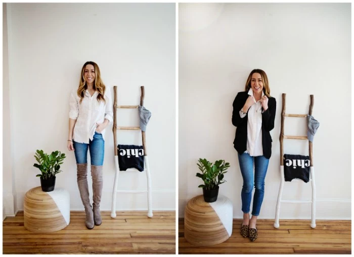 wearing blue skinny jeans, in two different ways, with pale grey, over the knee boots, and a white blouse, and whiith animal print mules, a white blouse, and a black cardigan