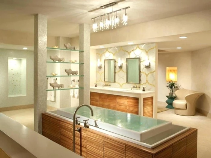 well-lit spacious bathroom, with an elevated bathtub, lined with wooden panels, four display shelves, with various decorations