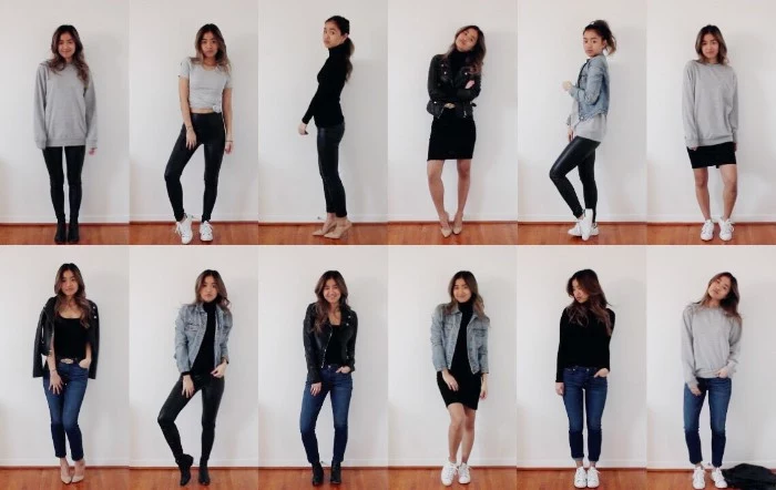twelve capsule outfits, with essential mix and match items, black leggings and jeans, a pale grey jumper, black t-shirt and denim jacket, and many others