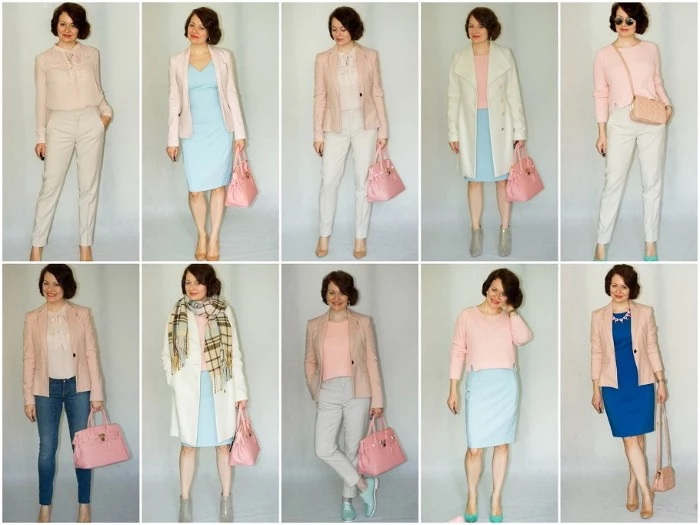 baby pink and light blue, pale beige and grey clotes, combined in ten different ways, and worn by a slim, smiling brunette woman, jeans and trousers, dresses and blouses, blazers and a coat