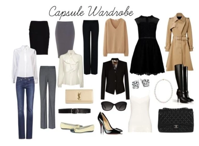 basic capsule closet, two skirts and two pairs of trousers, a shirt and a blouse in white, jeans and a dress, outwear and accessories