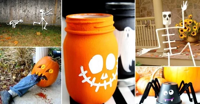 funny halloween diy ideas, skeleton man chased by a skeleton dog, mason jar painted like a skeleton pumpkin, spider made from pipe cleaners and a pot, and two other ideas