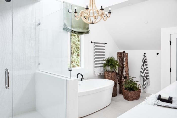 three indoor plants, inside rustic wooden pots, decorating a white room, with a bathtub, and a shower cabin, spa like bathrooms