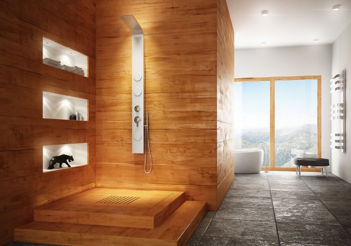 natural stone tiles, on the floor of a bright room, with large windows, bathroom picture ideas, open plan shower area, covered in light brown wood