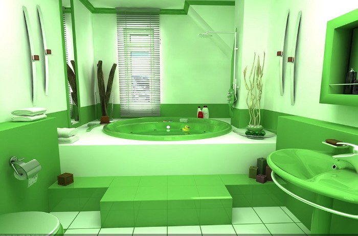 digital painting of a bathroom, decorated with two shades of green, a round elevated bathtub, a sink and a toilet, decorative plants and a narrow window with blinds
