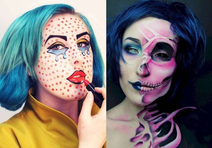 turquoise and blue haired woman, wearing a roy lichtenstein inspired face paint, next image shows a woman, with half of her face painted, to look like a skeleton