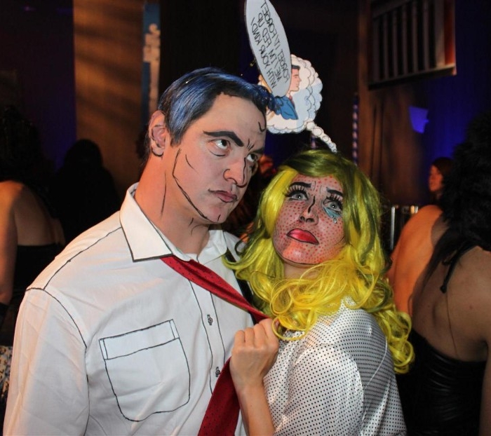 pop art inspired couple's halloween costume, man and woman with faces, painted in the style of roy lichtenstein