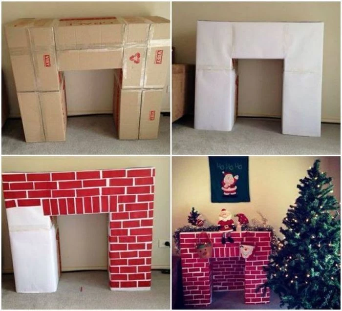 make your own chimney decoration for christmas, in four easy steps, carboard boxes covered with white paper, and decorated with brick-like paper shapes