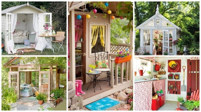 five different she shed ideas, two orangery style constructions, two small simple sheds, and an image, showing a colorful shed interior