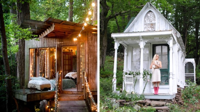 fairy lights decorating a brown wooden shed, surrounded by trees, next image shows a slim, blonde woman holding a small dog, and standing in front of a white hut