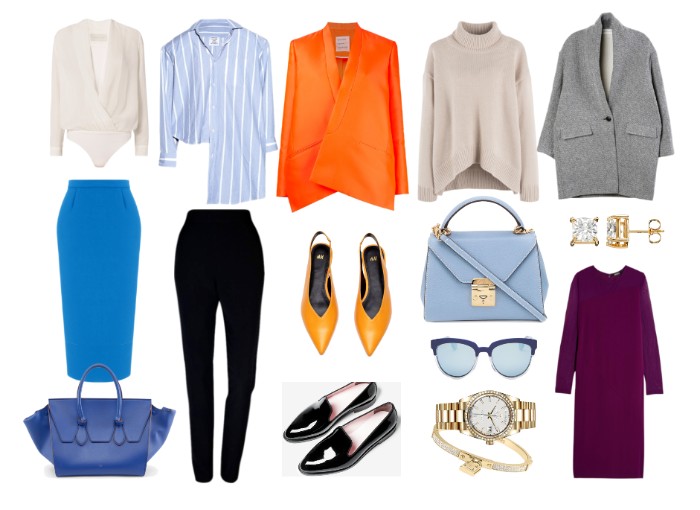 colorful wardrobe essentials, bright orange blazer, purple sweater dress, blue pencil skirt, black patent shoes, and many others