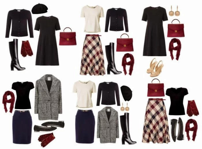 red and black, white and grey, mix and match capsule outfits, little black dress, grey woolen coat, plain tops and skirts, accessories and shoes