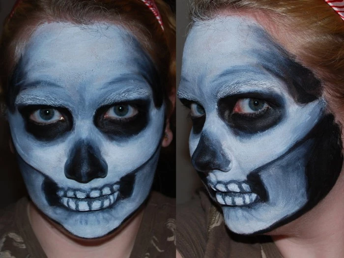diy skull face paint, in black and white and grey, worn by a young woman, seen from two different angles