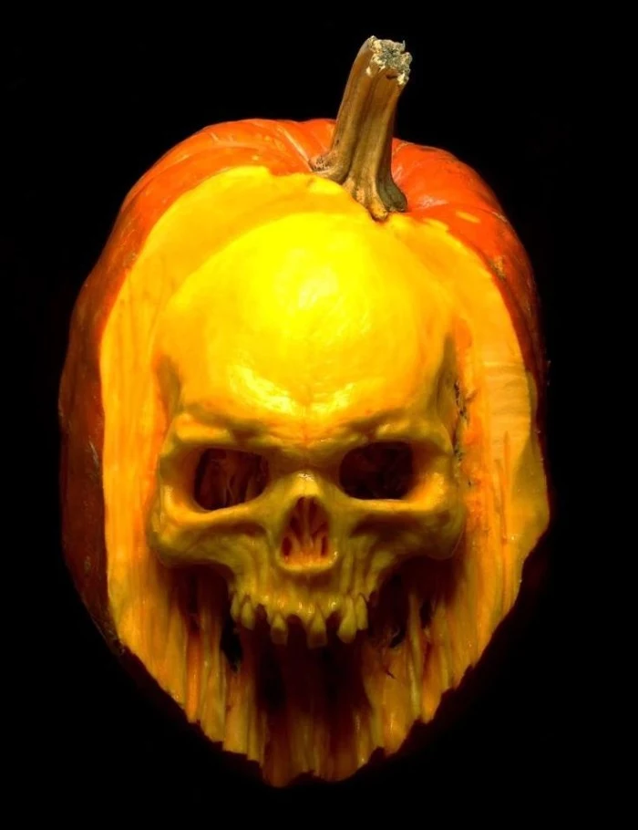 realistic human skull, with lots of detail, carved from an orange pumpkin, skeleton pumpkin, lit from above, on a black background
