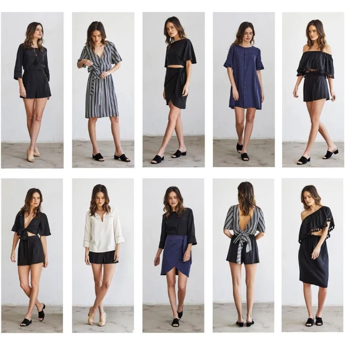 ten different outfits, worn by a slim brunette woman, capsule wardrobe planner, with mix and match items, skirts and shorts, different tops and two dresses
