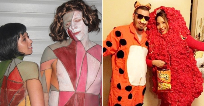 people dressed like kimbra and gotye, from the somebody that i used to know video, dynamic duo ideas, couple dressed like the cheeto mascot, and a spicy cheeto