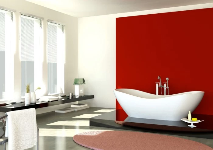 red square panel, behind a modern white bathtub, bathroom paint colors, white room with three narrow windows