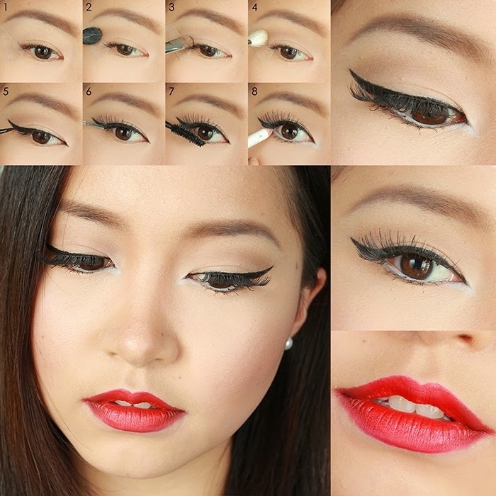 eye makeup for red lips, sterp by step photo tutorial, explaining how to apply black eyeliner, young asian woman, with black eyeliner, and red lipstick