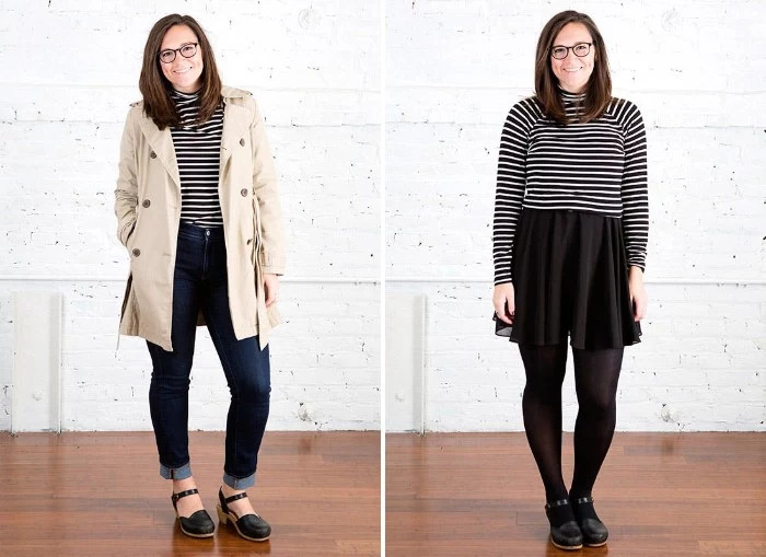 side by side images, of a smiling brunette woman, wearing a striped turtleneck, combined with dark blue jeans, and a trench coat in one photo, and paired up with a black mini skirt, and black opaque tights, in the other photo