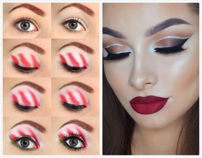 peppermint eye shadow tutorial, in eight images, christmas makeup looks, next image shows young woman, with dark red lips, and smokey eye makeup, with faux lashes, and silver details