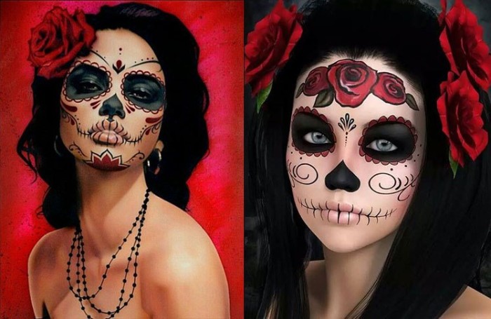 side by side images of two women, wearing sugar skull face paint, red roses in their hair, floral motifs and various flourishes on their faces