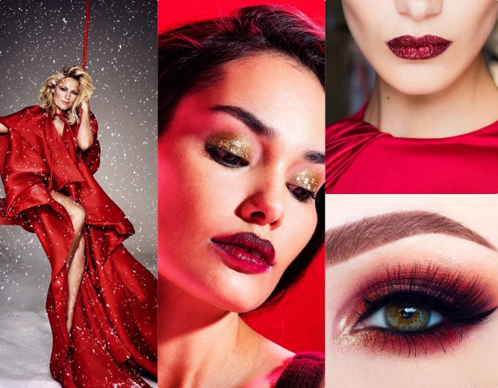 holiday makeup and outfit ideas, blonde woman in a red silky robe, brunette woman with sparkly gold eye shadow, and dark red lipstick, smokey eye makeup, red lips with glitter