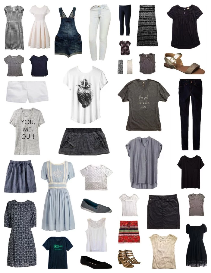 how to create a capsule closet, dresses and skirts, basic t-shirts and trousers, overalls and shorts, sandals and ballet flats