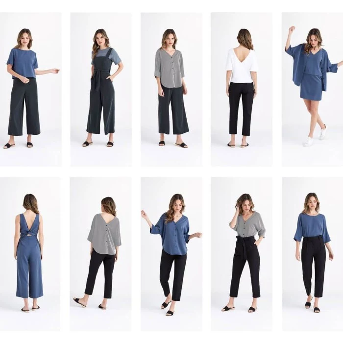 blue and black, grey and white, mix and match outfits, worn by a brunette woman, baggy trousers and a jumpsuit, black smart trousers, and airy tops