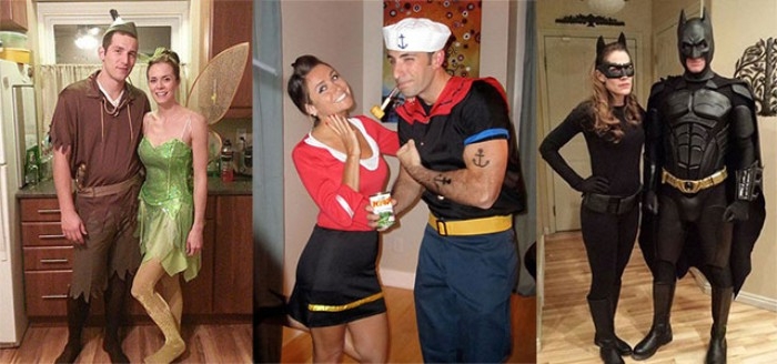 batman and catwoman, popeye and olive oyl, and peter pan and tinker bell, halloween costumes, three examples of dynamic duo ideas