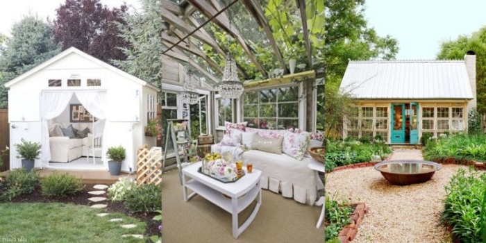 inside and outside views of garden sheds, a marquee style shed in white, an orangery seen from within, she shed interiors, a large shed with six windows, and teal double doors