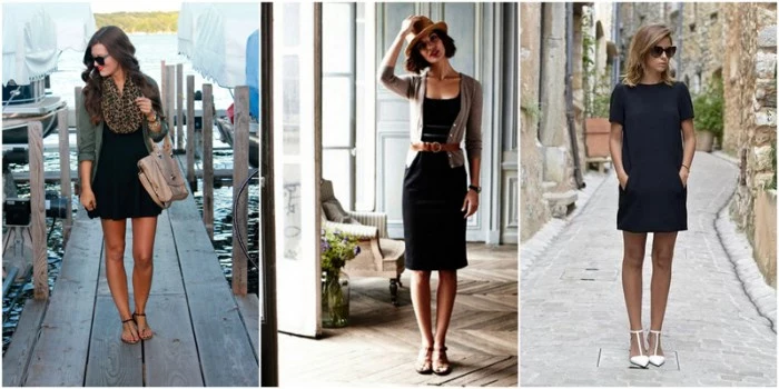 examples of little black dresses, on three different women, flared and fitted, mini and midi, capsule wardrobe essentials, combined with different accessories and shoes
