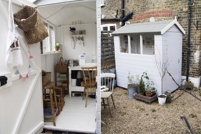 very small white shed, with three tiny windows, next image shows an inside view, with table and chairs, and various tools, she shed interiors, ideas for saving space