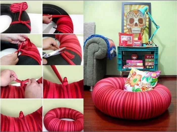 nine photos explaining how to make your own donut chair, using an inflatable ring, and red and pink yarn