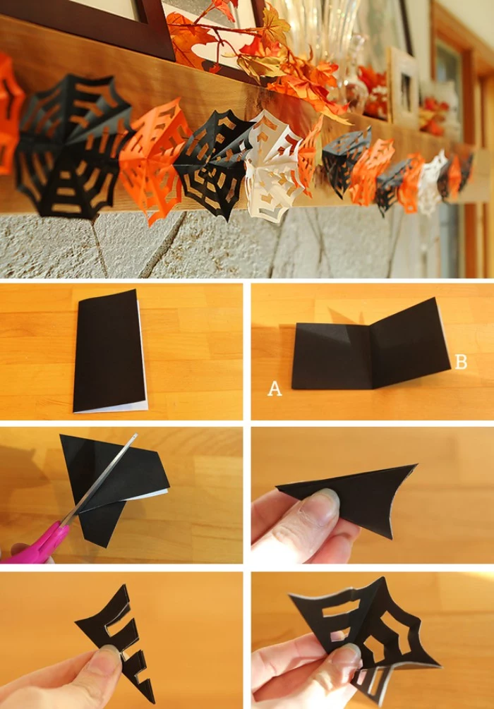garland of black, orange and white paper cobwebs, hanging on a mantlepiece, tutorial with six images, showing how to make the cobwebs
