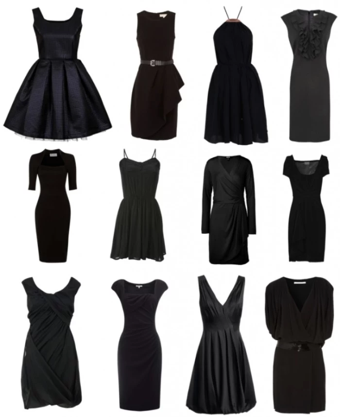 a dozen little black dresses, in different styles, flared and fitted, a-line and strappy, featuring pencil skirts and pleats