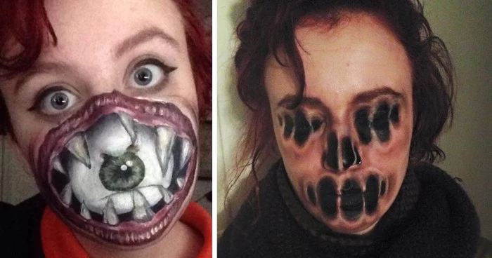 monster and witch face paint, red haired woman, with a drawing of a big open mouth, with sharp teeth and an eye, on the lower part of her face, next image shows a woman, with face painted to look like its melting