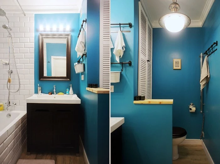 side by side images of a bathroom, seen from two different angles, blue walls partially covered with white subway tiles, bathroom paint colors