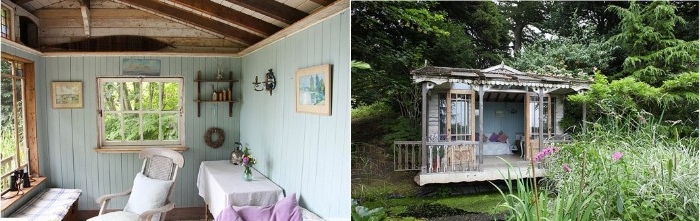 side by side images of the outside and inside, of a small rustic shed, she shed interiors, chair and a desk, table and shelves