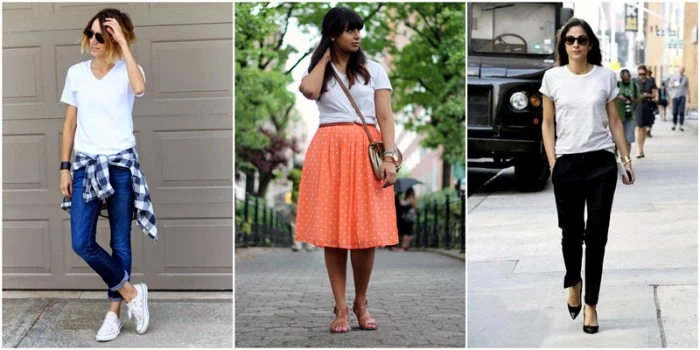 white plain t-shirts, worn with blue skinny jeans, an orange midi skirt, and black smart trouses, by three different women