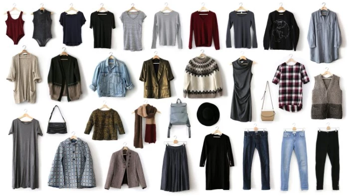 thrity two pieces of clothing, capsule wardrobe planner, bodies and t-sirts, jumpers and shirts, trousers and dresses, bags and other accessories