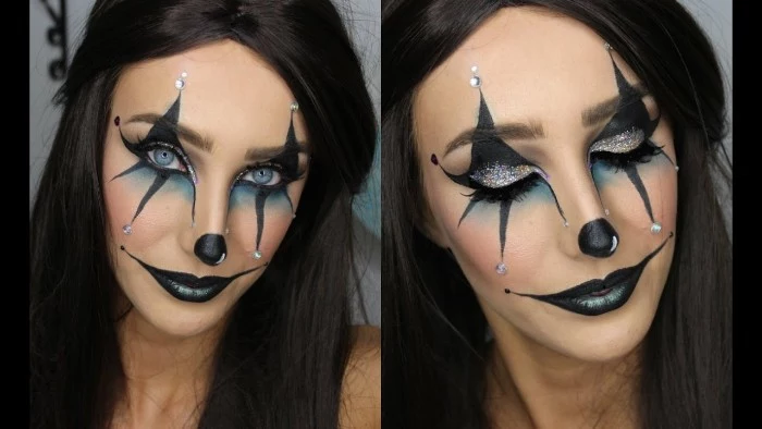 big smile painted in black, on the face of a young woman, wearing black and pale blue harlequin makeup, seen from two angles