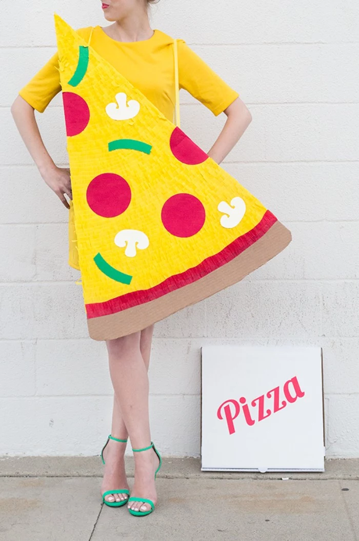 yellow mini dress, and a giant pizza slice, made from carboard and paper, couples halloween costume ideas, delivery guy and pizza