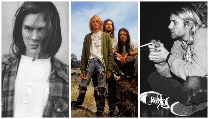icons of grunge in the 90s, three photos showing river phoneix, a group shot of nirvana, 90s bands and celebrities, black and white image of kurt cobain