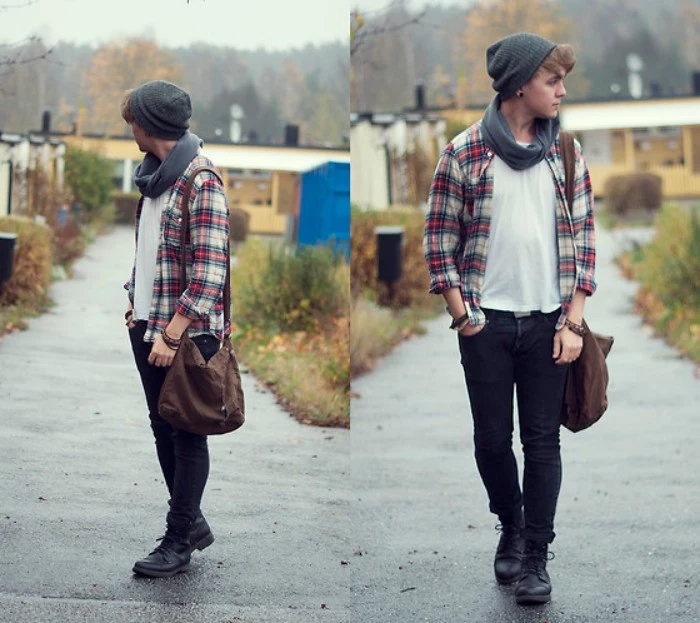 teenage boy dressed in black skinny jeans, and a plaid shirt, over a white t-shirt, 90s grunge outfit, grey tube scarf, beanie hat and black combat boots
