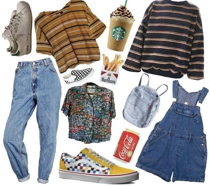 dungarees made from medium blue denim, a striped t-shirt and jumper, multicolored floral shirt, acid wash jeans, and other items, grunge girl inspiration