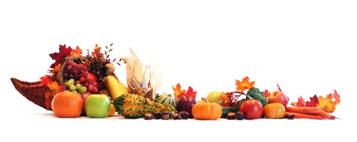 horn of plenty decoration, filled with grapes and fall leaves, small pumpkins and apples, gourds and carrots, and other fruit and vegetables nearby, thanksgiving greeting message