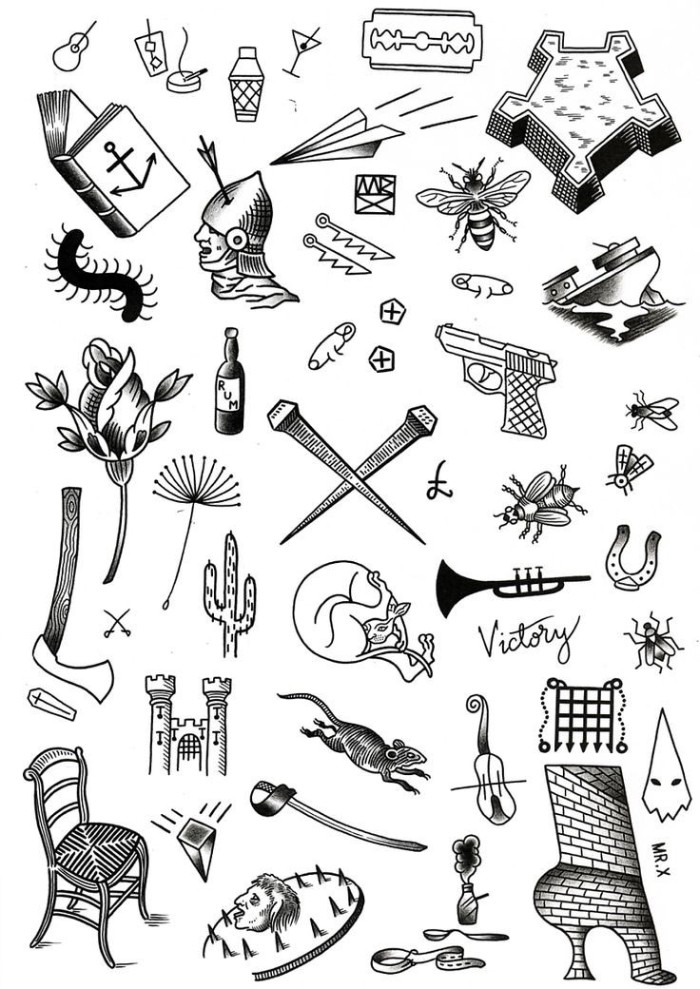 selection of small meaningful tattoos, drawn in black, on a white template sheet, open book and cocktails, flowers and insects, and many others